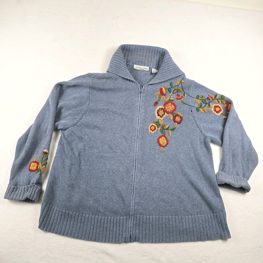 Victoria Jones Woman Blue Floral Embroidered Zip Up Cardigan Sweater 3X Vintage